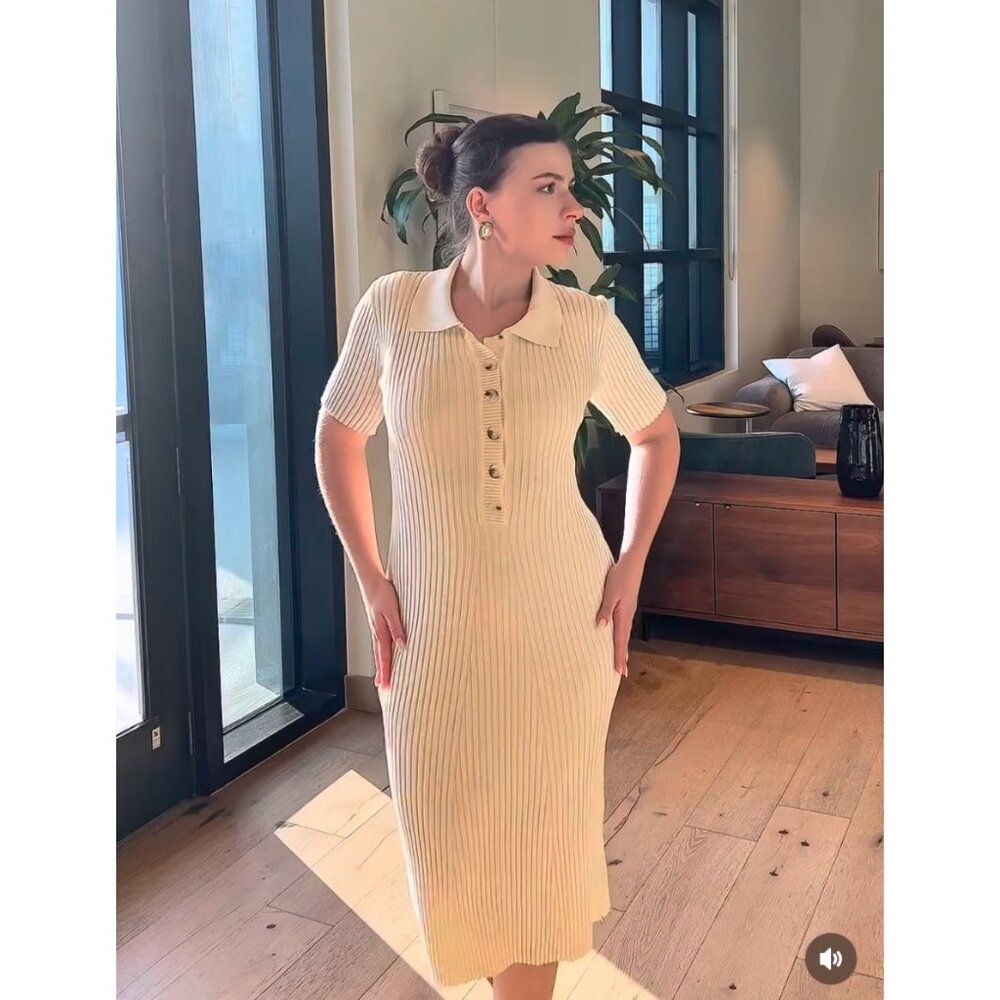 House Of Tsarivna Ribbed Knit Midi Polo Dress Ivory Stretch Womens small